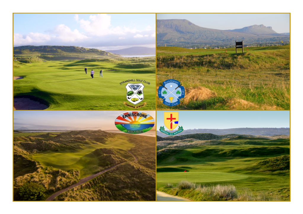 Bundoran, Donegal, Enniscrone and Strandhill logos against overhead views of their respective courses