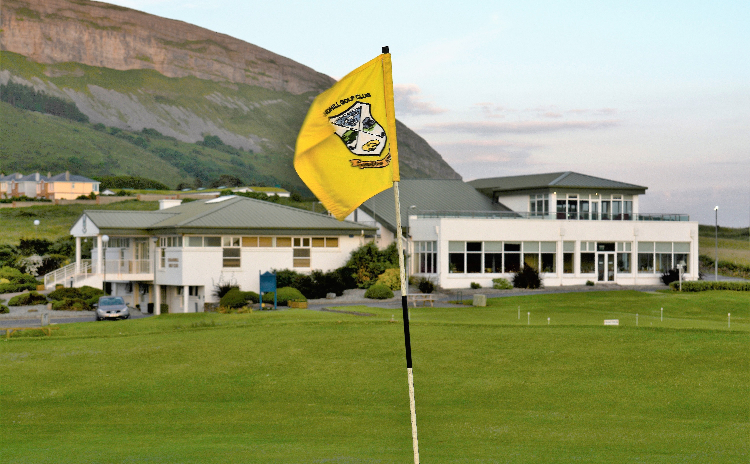 Flag on course in front of clubhouse